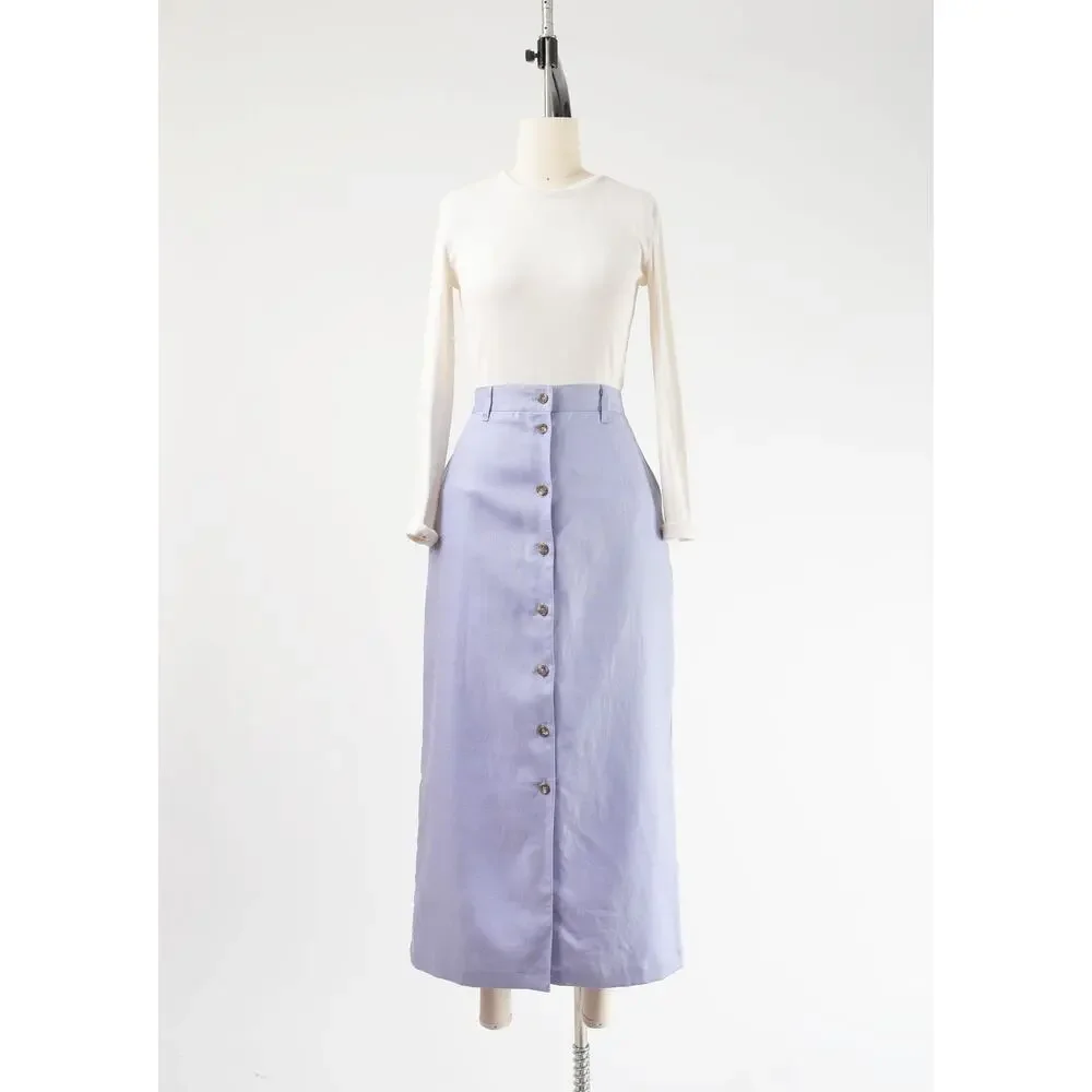 Vintage 90s Purple Linen High Waisted Button Front Maxi Skirt with Pockets 32 L - Picture 2 of 9